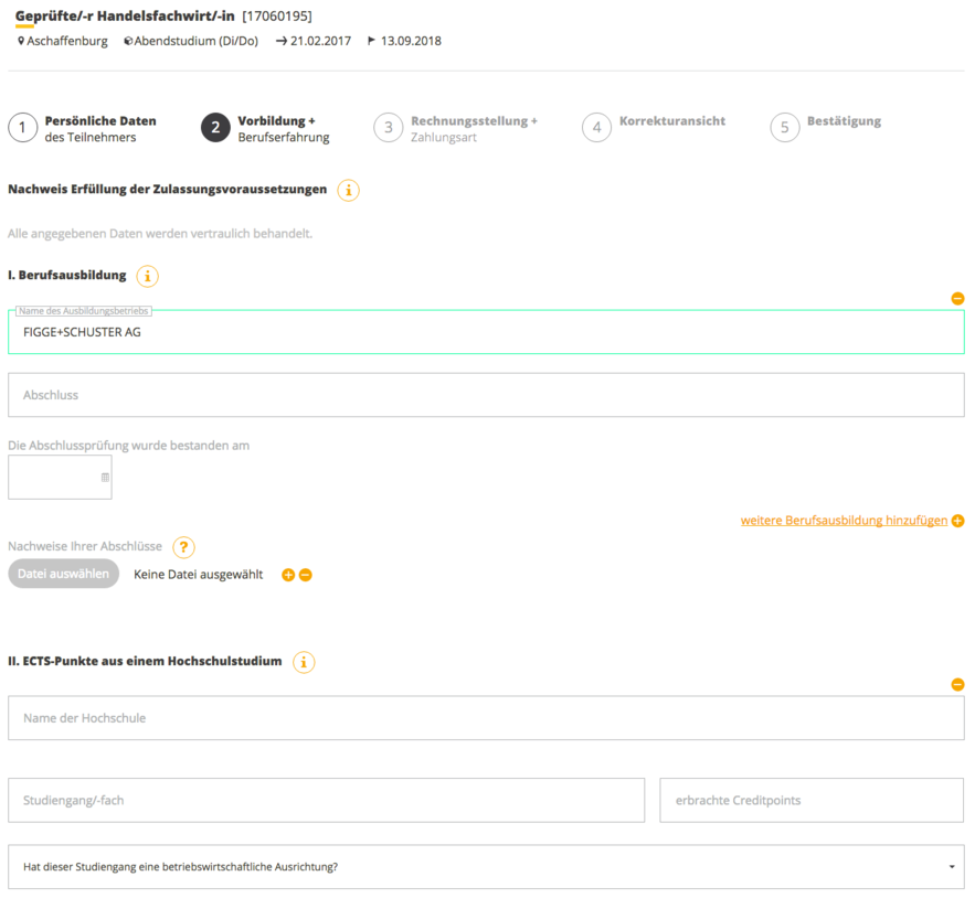 Online-Ameldung zu Seminaren und Studiengängen der Akademie Handel