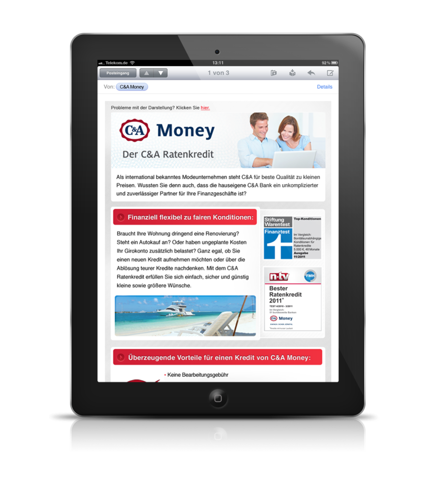 Newsletter C&A auf dem Tablet