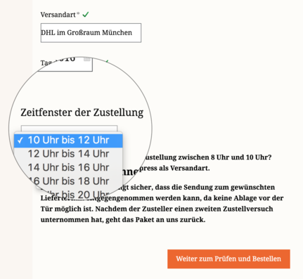 Im Check-out Prozess können Kunden aus dem Großraum München das Lieferzeitfenster auswählen
