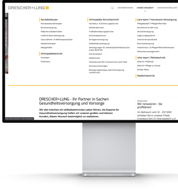 Menüansicht der Website
