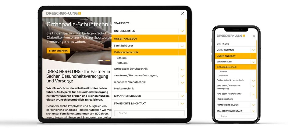 Umfangreiches Menü auf den mobile Devices