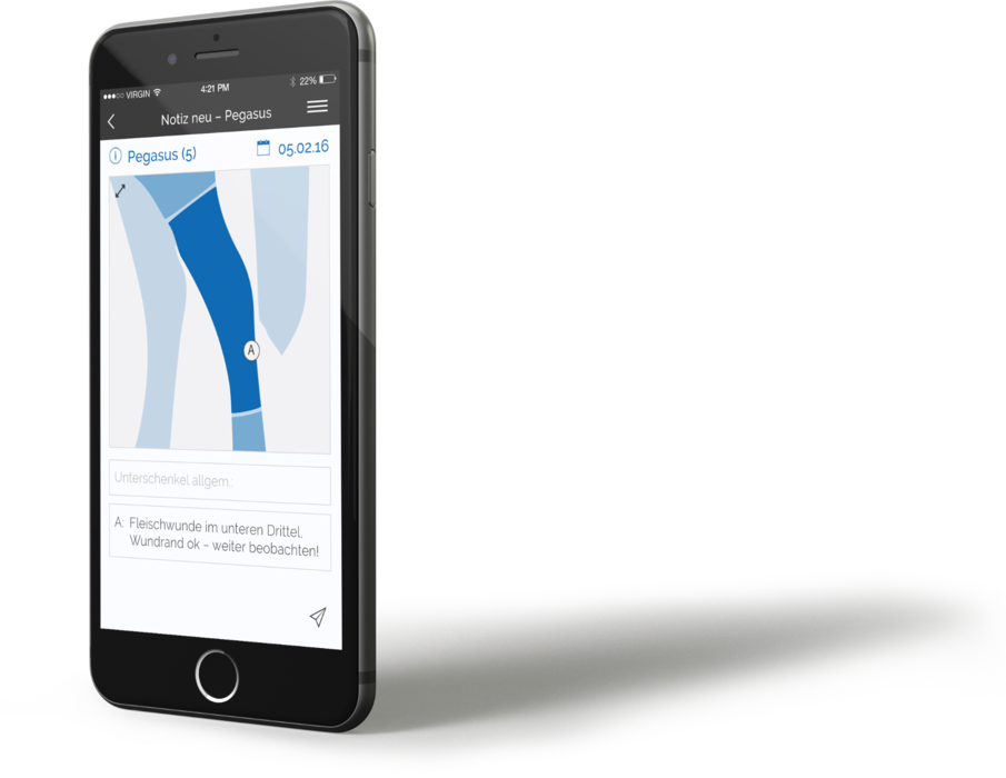 Mit wenigen Klicks kann der Therapeut seiner Therapie eine Lokalisation am Patienten zuweisen und durch Text, Sprachmemo (Diktierfunktion), Fotos oder Videos anreichern.
