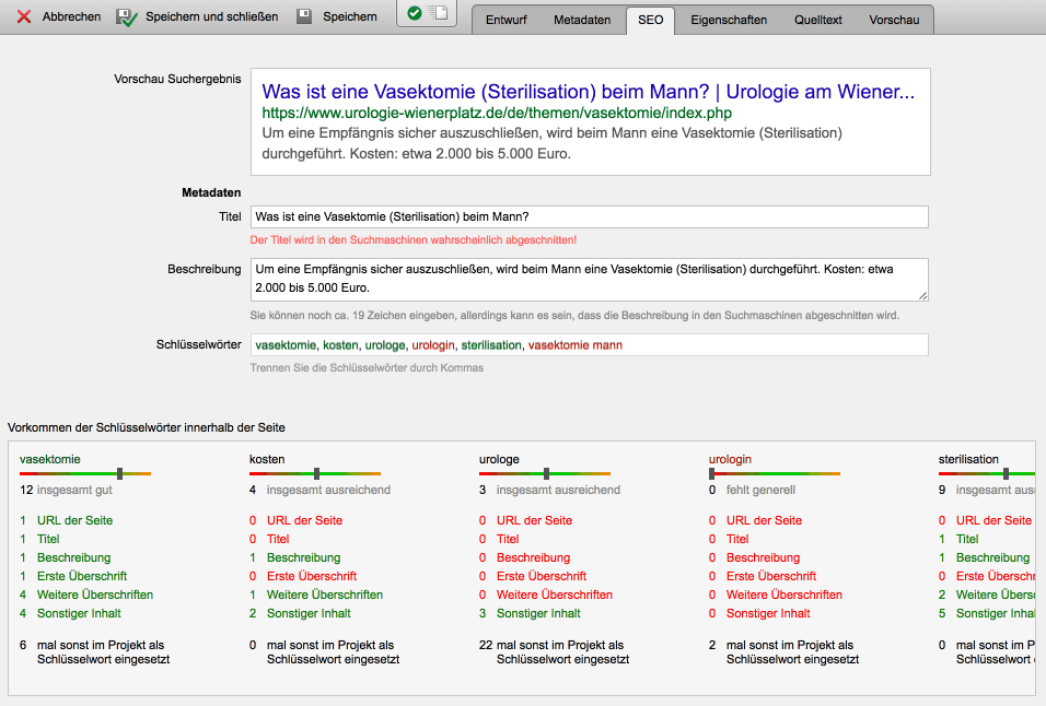 Wichtiger Prozess bei der Erstellung: Im SEO-Tab von Weblication CMS müssen für jede Detailseite effiziente und passende Angaben für Titel, Beschreibung und Keywords gemacht werden.